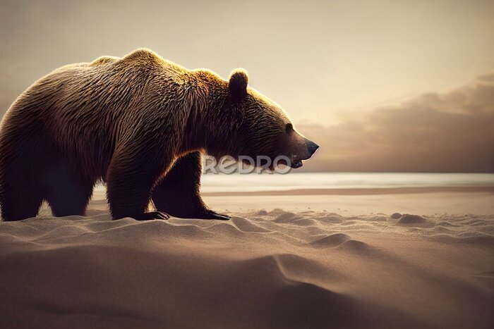 Fotobehang Bruine beer op een zandstrand