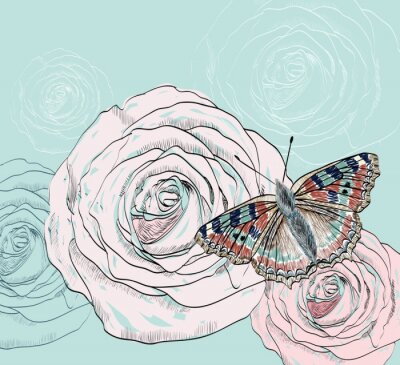 Fotobehang Bruine vlinder en rozen
