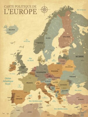 Carte Europe avec capitales - Textuur vintage rétro - Textes français - Vecteur CMJN