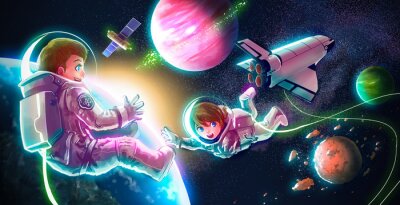 Fotobehang Cartoon astronaut paar jongen meisje vliegen in de ruimte voor het heelal exploratie en avontuur met space shuttle satelliet planeet aarde en de sterren op de achtergrond voor kinderen onderwijs conce