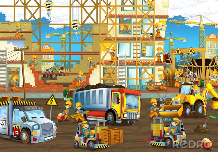 Fotobehang Cartoon bouwplaats met arbeiders