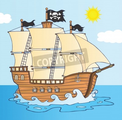 Fotobehang Cartoon piratenschip in de zee