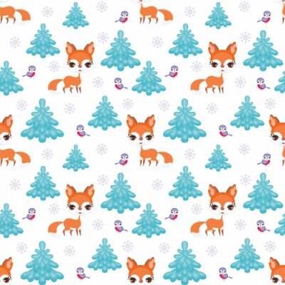 Cartoon vossen vogels en kerstbomen