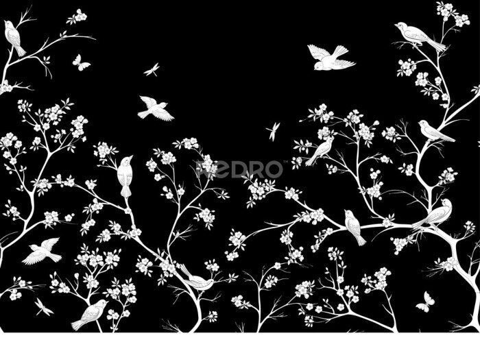 Fotobehang Cherry blossom branches against the sky with sparrow, finches. Seamless pattern, background. Vector illustration. Chinoiserie, traditional oriental botanical motif. In botanical style
