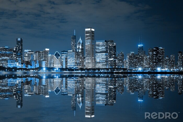 Fotobehang Chicago en skyline met uitzicht op de stad 's nachts
