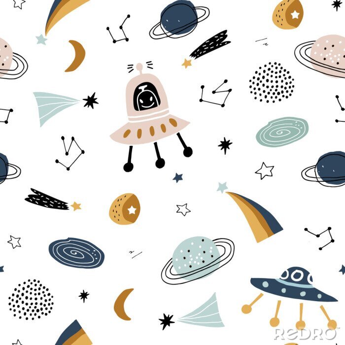Fotobehang Childish seamless pattern with aliens, ufo in cosmos. Trendy scandinavian vector background. Perfect for kids apparel,fabric, textile, nursery decoration,wrapping paper
