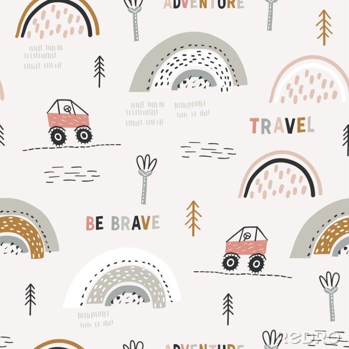 Fotobehang Childish seamless pattern with doodle buggy car and hilly terrain. Background with abstract rainbows. Creative childish texture for fabric, wrapping, textile, wallpaper, apparel. Vector illustration.