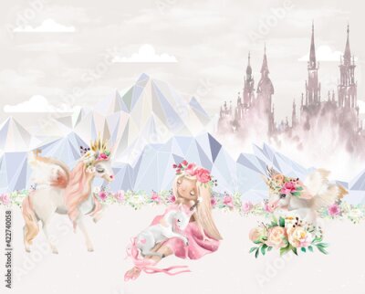 Fotobehang Children's wallpaper. Wallpaper for girls. Princess with unicorns.