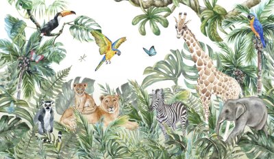 Fotobehang Children's wallpaper, watercolor jungle and animals. Lions, giraffe, elephant, parrots, zebra, lemur