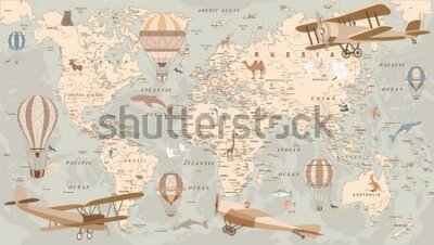 Fotobehang childrens retro world map with animals airplanes and balloons