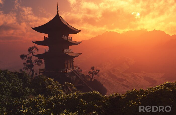 Fotobehang Chinees huis tegen een mooie hemel bij zonsondergang