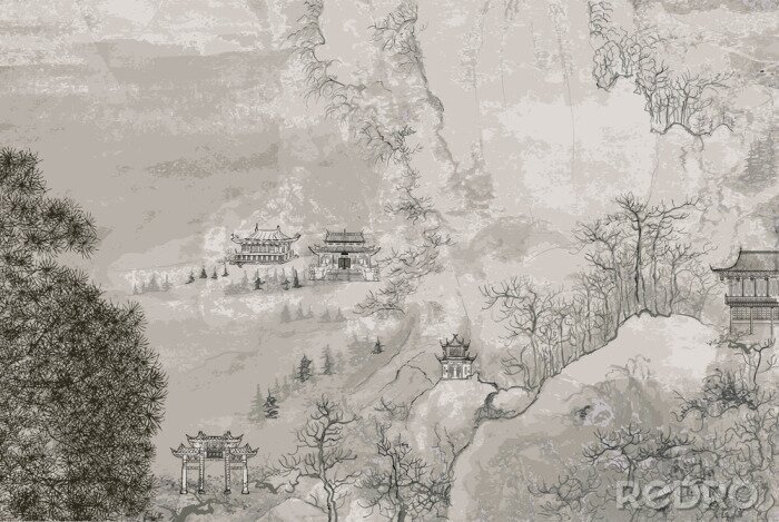 Fotobehang Chinees landschap met kersenbloesems