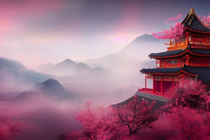 Fotobehang Chinese temple on a foggy mountain with sakura trees