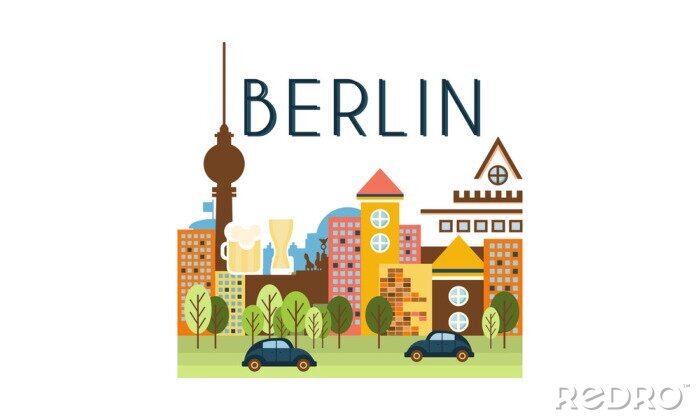 Fotobehang City street, Berlin travel poster vector Illustration on a white background