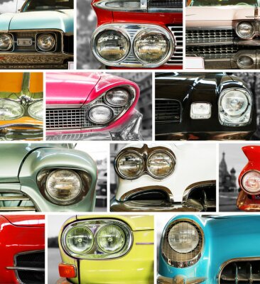 Classic cars, retro automobile collage, bumper and headlights
