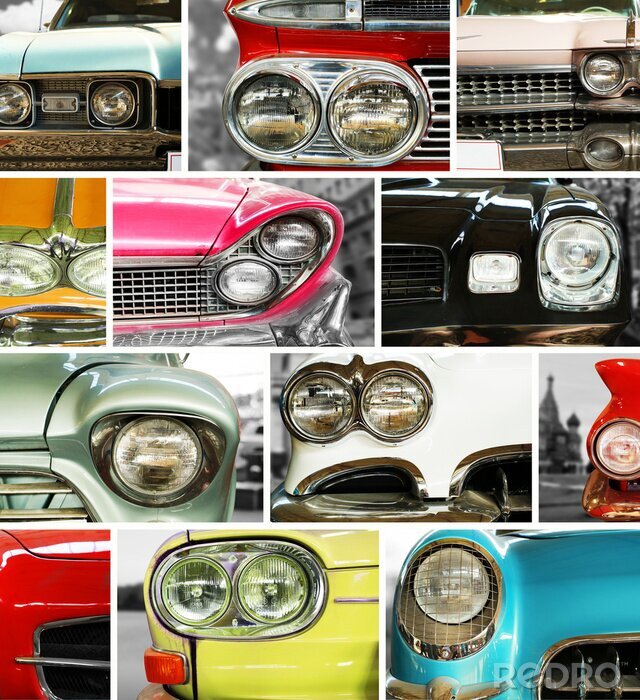Fotobehang Classic cars, retro automobile collage, bumper and headlights