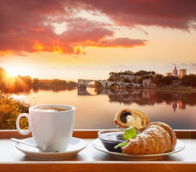 Fotobehang Coffee with croissants against Avignon old bridge in Provence, France