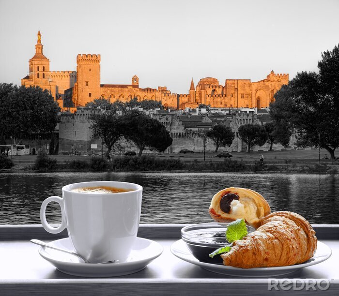 Fotobehang Coffee with croissants against Avignon town in Provence, France