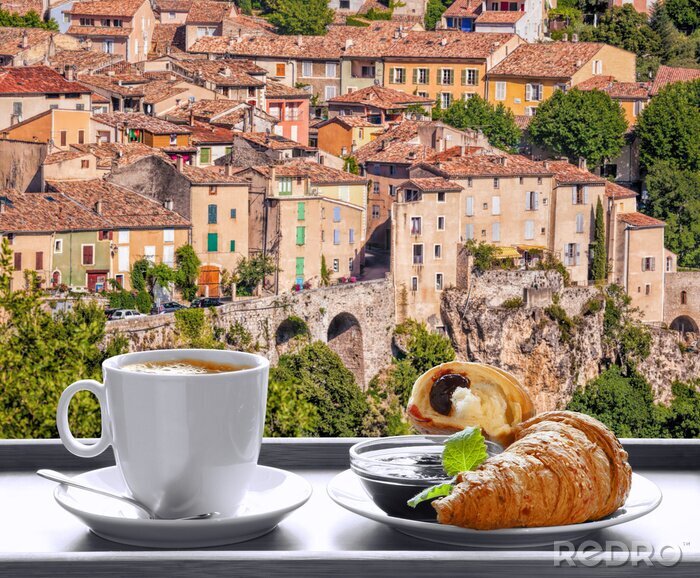 Fotobehang Coffee with croissants against Moustiers Sainte Marie village in Provence, France
