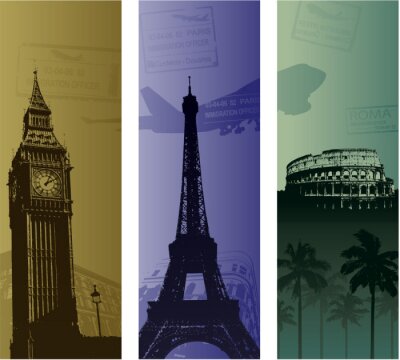 Fotobehang Collage met symbolen van verschillende steden