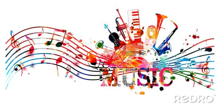 Fotobehang Colorful music promotional poster with music instruments and notes isolated vector illustration. Artistic abstract background for live concert events, music show and festival, party flyer design