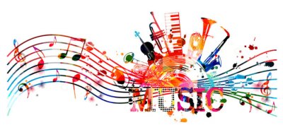 Sticker Colorful music promotional poster with music instruments and notes isolated vector illustration. Artistic abstract background for live concert events, music show and festival, party flyer design