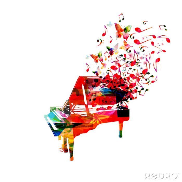 Fotobehang Colorful piano with music notes isolated vector illustration design. Music background. Music instrument poster with music notes, festival poster, live concert events, party flyer