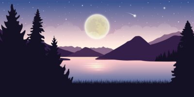 Fotobehang Computerconcept van landschap met volle maan boven een meer
