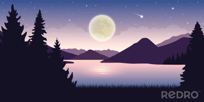 Fotobehang Computerconcept van landschap met volle maan boven een meer