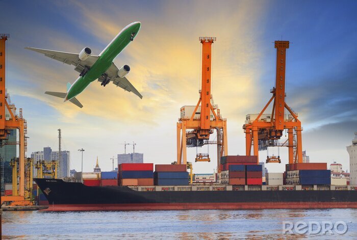 Fotobehang containerschip laden op de haven en vracht vliegtuig vliegt boven