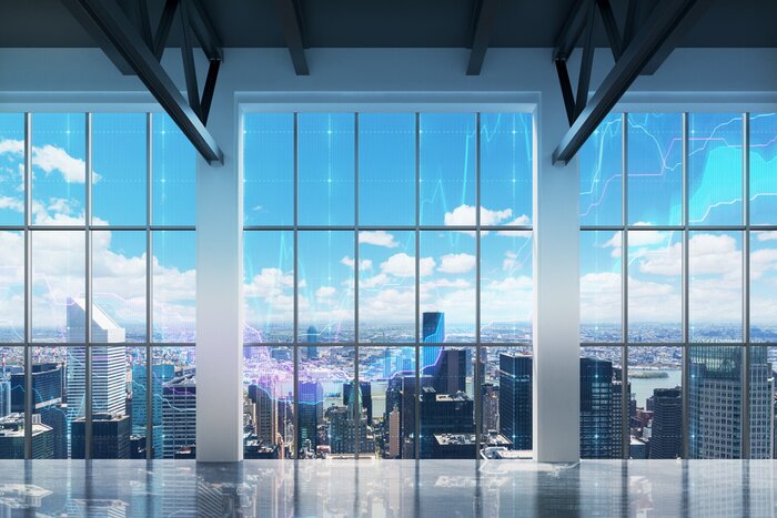 Fotobehang Contemporary office with New York view. Financial charts are drawn over the windows.