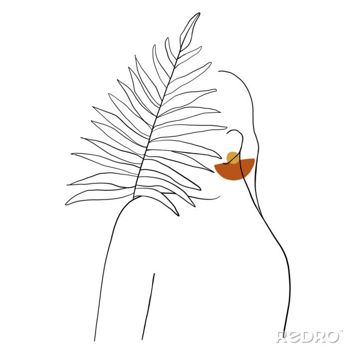 Fotobehang Continuous line, drawing of woman face, fashion concept, woman beauty minimalist with geometric doodle Abstract floral elements pastel colors. One line continuous drawing. vector illustration