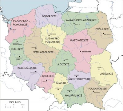 Contour kaart van Polen met voivodeships, rivieren en meren