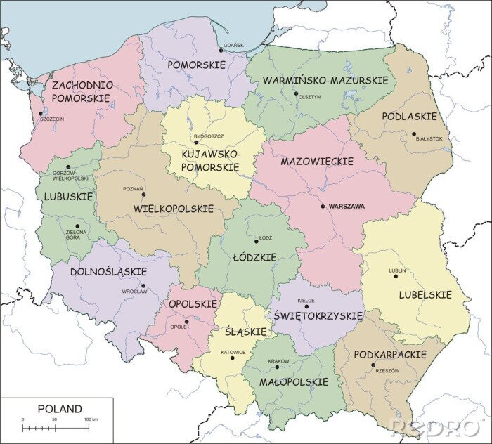 Fotobehang Contour kaart van Polen met voivodeships, rivieren en meren