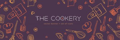 Fotobehang Cooking banners with hand drawing linear illustrations for restaurant. Cooking courses banner. Cooking utensils vector. Vector templates for bakery shop background.
