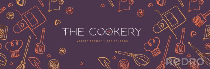 Fotobehang Cooking banners with hand drawing linear illustrations for restaurant. Cooking courses banner. Cooking utensils vector. Vector templates for bakery shop background.