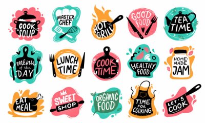 Sticker Cooking food lettering. Kitchen badge logos, baking foods typography and cook labels vector set