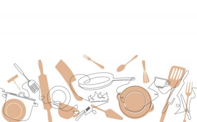 Fotobehang Cooking Pattern. Background for your design works. One Line Drawing of Isolated Kitchen Utensils. Cooking Poster. Vector illustration.