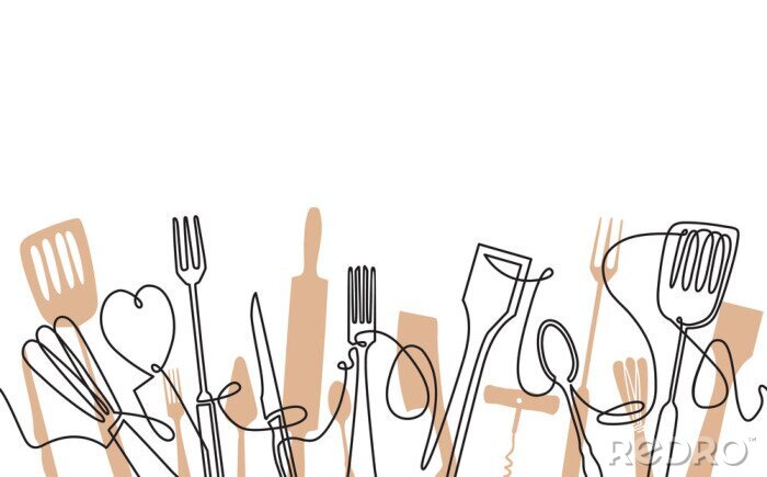 Fotobehang Cooking Seamless Pattern. Outline Cutlery Background. One Line Drawing of Isolated Kitchen Utensils. Cooking Design Poster. Vector illustration.