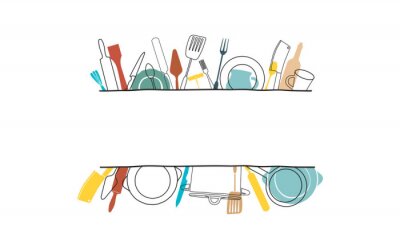 Fotobehang Cooking Template Frame with Hand Drawn Utensils and Plase for your Text. Background with Cutlery for Design Works. Vector  illustration.