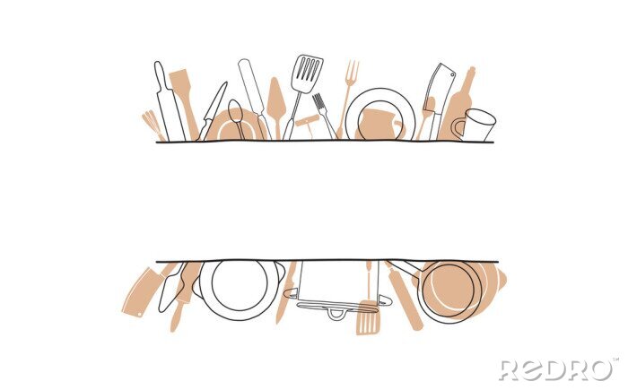 Fotobehang Cooking Template Frame with Hand Drawn Utensils and Plase for your Text. Background with Cutlery for Design Works. Vector illustration