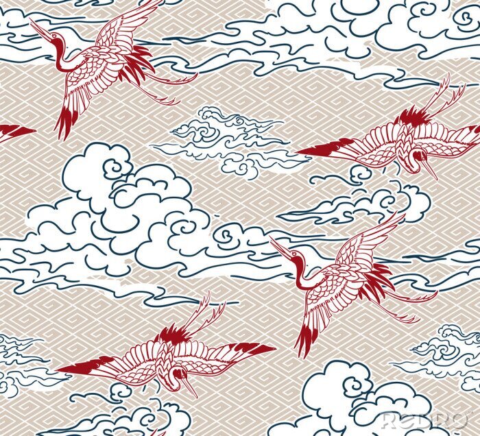 Fotobehang crane birds sky cloud japanese chinese vector design pattern