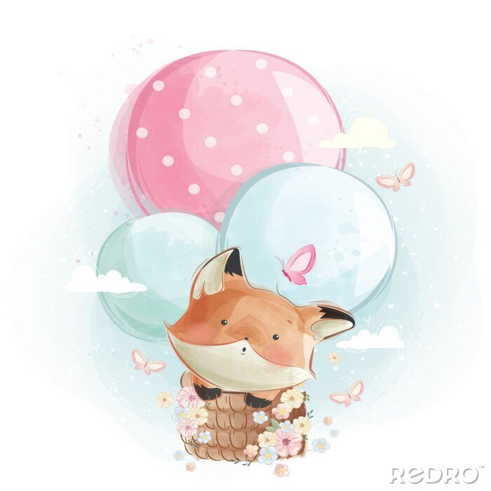 Fotobehang Cute Fox Flying with Balloons