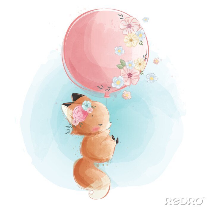 Fotobehang Cute Fox Flying with Flowery Balloon