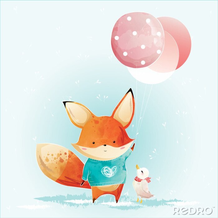 Fotobehang Cute Fox Holding Christmas Balloons