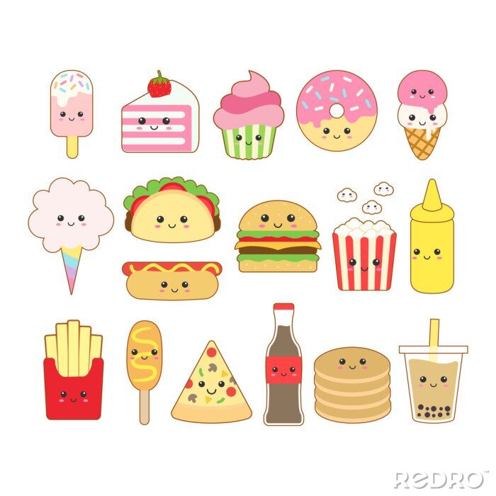Fotobehang Cute kawaii junk food drawing illustration
