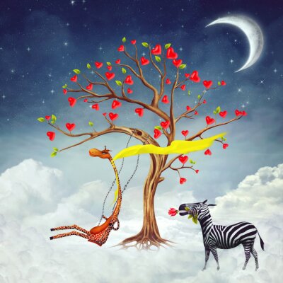 De afbeelding toont romantische betrekkingen tussen een giraffe en een zebra