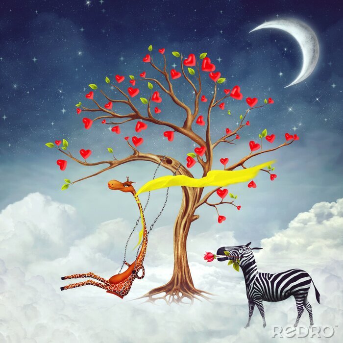 Fotobehang De afbeelding toont romantische betrekkingen tussen een giraffe en een zebra