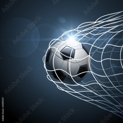 Fotobehang De bal die het doel ingaat tegen een marineblauwe achtergrond