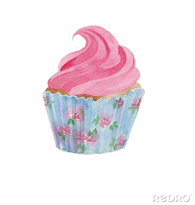 Fotobehang de cupcake aquarel hand tekening behang geïsoleerd op de witte achtergrond